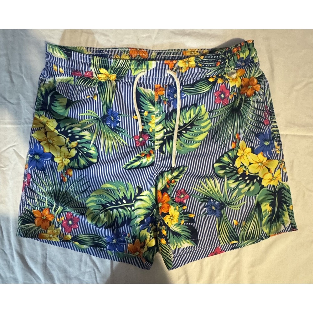 POLO Ralph Lauren Blue White Stripe Tropical Floral Swim Trunks Size small